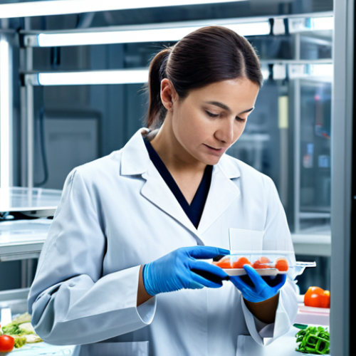Home 4 A professional female food scientist in a modest lab coat, fully clothed, stands in a sterile, futuristic food research laboratory. She is carefully examining a transparent, modified atmosphere packaging (MAP) container holding fresh vegetables, with subtle digital freshness indicators glowing on the packaging. The lab features sleek, clean surfaces and advanced equipment in the background, emphasizing precision and innovation. The scene is brightly lit, showcasing the intricate details of the packaging technology. safe for work, appropriate content, fully clothed, professional, perfect anatomy, correct proportions, natural pose, well-formed hands, proper finger count, natural body proportions, professional photography, high quality.