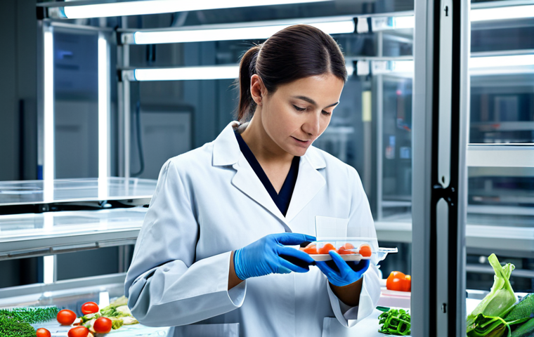A professional female food scientist in a modest lab coat, fully clothed, stands in a sterile, futuristic food research laboratory. She is carefully examining a transparent, modified atmosphere packaging (MAP) container holding fresh vegetables, with subtle digital freshness indicators glowing on the packaging. The lab features sleek, clean surfaces and advanced equipment in the background, emphasizing precision and innovation. The scene is brightly lit, showcasing the intricate details of the packaging technology. safe for work, appropriate content, fully clothed, professional, perfect anatomy, correct proportions, natural pose, well-formed hands, proper finger count, natural body proportions, professional photography, high quality.
