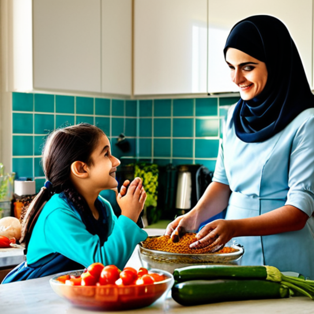 A Modern Arab Family Kitchen**
"A heartwarming scene in a bright, modern Arab family kitchen. A mother, fully clothed in modest, stylish attire, teaches her daughter (around 10 years old), also in appropriate dress, how to prepare a traditional sauce. Jars of spices, fresh herbs, and colorful vegetables are visible. Sunlight streams through the window. Safe for work, appropriate content, family-friendly, perfect anatomy, natural proportions, professional photography, high quality."
**
