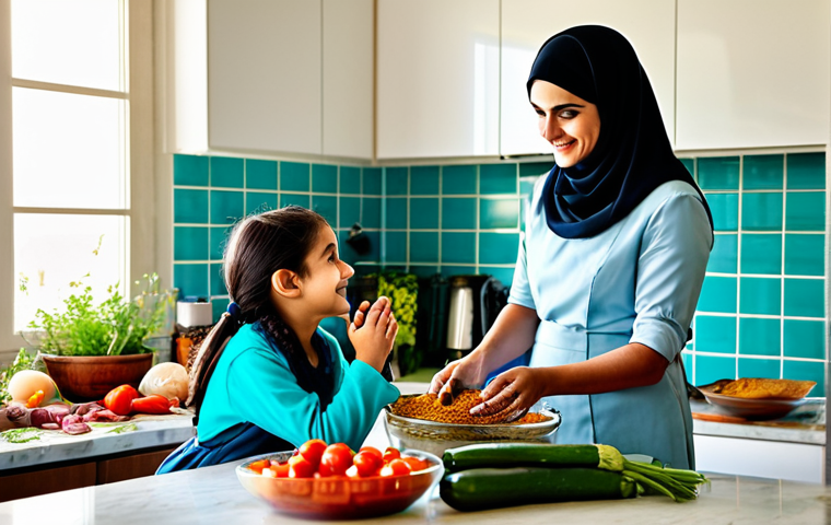 A Modern Arab Family Kitchen**
"A heartwarming scene in a bright, modern Arab family kitchen. A mother, fully clothed in modest, stylish attire, teaches her daughter (around 10 years old), also in appropriate dress, how to prepare a traditional sauce. Jars of spices, fresh herbs, and colorful vegetables are visible. Sunlight streams through the window. Safe for work, appropriate content, family-friendly, perfect anatomy, natural proportions, professional photography, high quality."
**