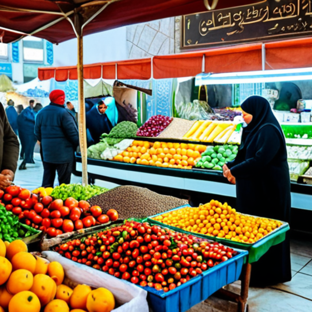 **
A vibrant marketplace scene in the Middle East, showcasing fresh, local ingredients. A fully clothed vendor is arranging colorful fruits and vegetables on a stall. In the background, people are browsing spices and herbs. The atmosphere is bustling and lively. Safe for work, appropriate content, family-friendly, professional photography, perfect anatomy, natural proportions, fully clothed, modest clothing.
**