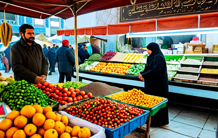 **
A vibrant marketplace scene in the Middle East, showcasing fresh, local ingredients. A fully clothed vendor is arranging colorful fruits and vegetables on a stall. In the background, people are browsing spices and herbs. The atmosphere is bustling and lively. Safe for work, appropriate content, family-friendly, professional photography, perfect anatomy, natural proportions, fully clothed, modest clothing.
**