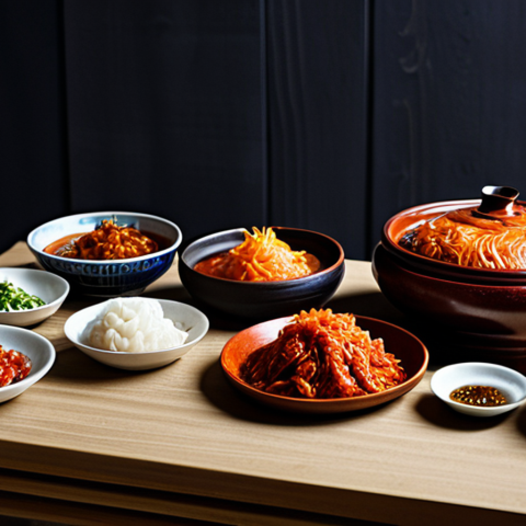Korean Fermented Feast**
A table laden with traditional Korean fermented foods: kimchi (various types), gochujang, and ganjang. Focus on the vibrant colors and textures. In the background, traditional Korean pottery. fully clothed, appropriate content, safe for work, perfect anatomy, natural proportions, professional photography, high quality, family-friendly.
**