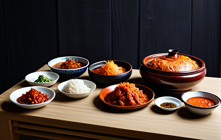 Korean Fermented Feast**
A table laden with traditional Korean fermented foods: kimchi (various types), gochujang, and ganjang. Focus on the vibrant colors and textures. In the background, traditional Korean pottery. fully clothed, appropriate content, safe for work, perfect anatomy, natural proportions, professional photography, high quality, family-friendly.
**