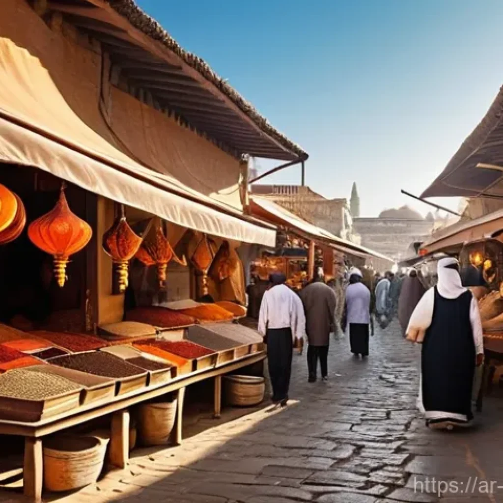 음식 역사 속의 유산과 계승 - **Prompt 1: "The Vibrant Spice Bazaar"**
A bustling, ancient Arab spice bazaar under the warm gl...