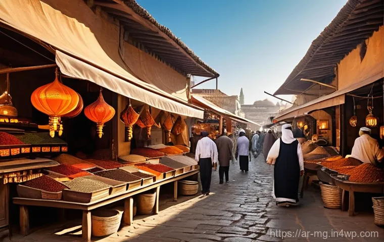 음식 역사 속의 유산과 계승 - **Prompt 1: "The Vibrant Spice Bazaar"**
A bustling, ancient Arab spice bazaar under the warm gl...