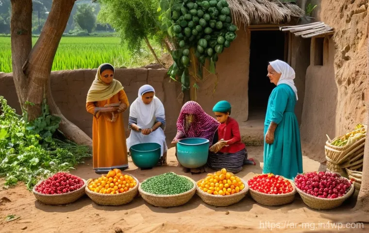 고대 문헌에 나타난 음식 이야기 - **Image Prompt: Traditional Harvest and Community Food Preparation**
"A vibrant, sunny outdoor s...