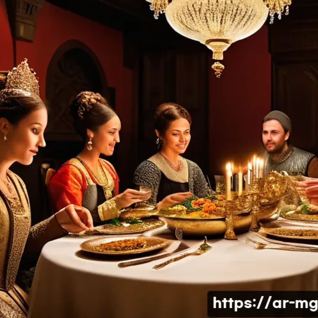 중세 유럽의 식사 풍습 - A grand medieval noble feast scene showcasing an opulent banquet hall decorated with intricate golde...