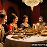 중세 유럽의 식사 풍습 - A grand medieval noble feast scene showcasing an opulent banquet hall decorated with intricate golde...