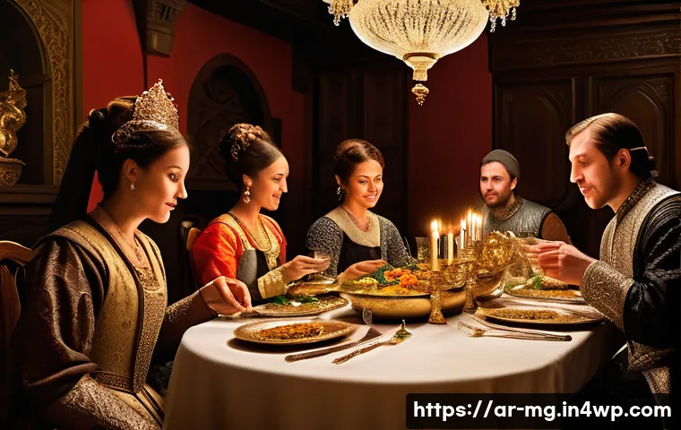 중세 유럽의 식사 풍습 - A grand medieval noble feast scene showcasing an opulent banquet hall decorated with intricate golde...