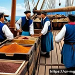 유럽 대항해 시대의 음식 탐사 - A detailed historical scene showing European sailors aboard a wooden ship during the Age of Discover...