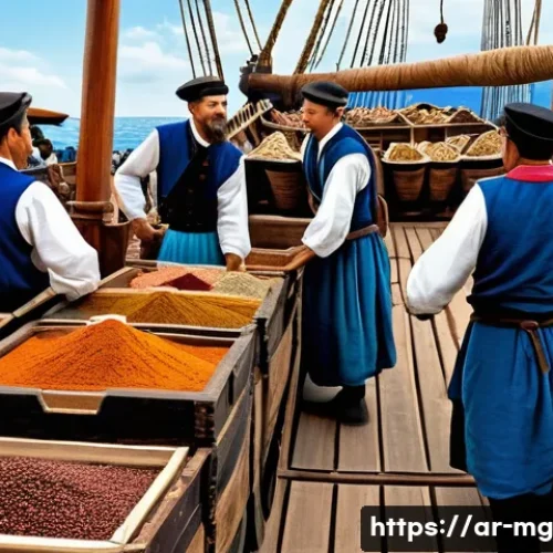 유럽 대항해 시대의 음식 탐사 - A detailed historical scene showing European sailors aboard a wooden ship during the Age of Discover...