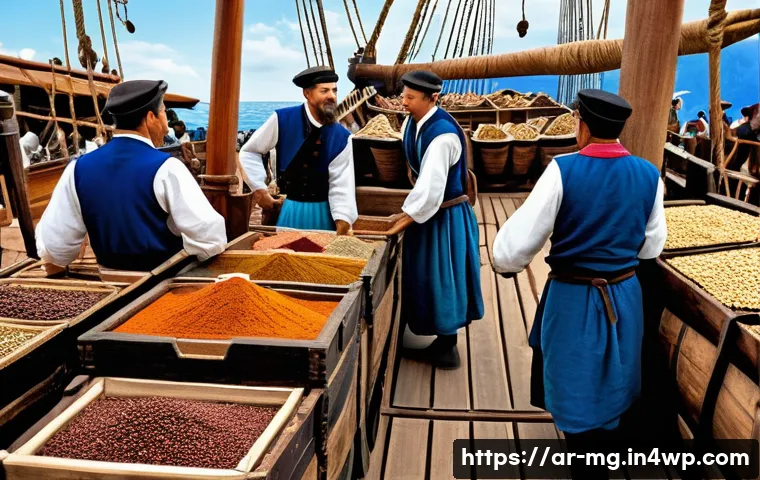 유럽 대항해 시대의 음식 탐사 - A detailed historical scene showing European sailors aboard a wooden ship during the Age of Discover...