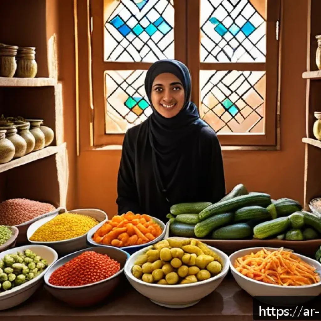음식 역사 속의 전염병과 식습관 변화 - A warm, inviting Middle Eastern kitchen scene during a pandemic, showing a family storing large quan...