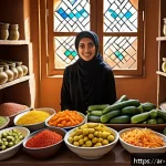 음식 역사 속의 전염병과 식습관 변화 - A warm, inviting Middle Eastern kitchen scene during a pandemic, showing a family storing large quan...