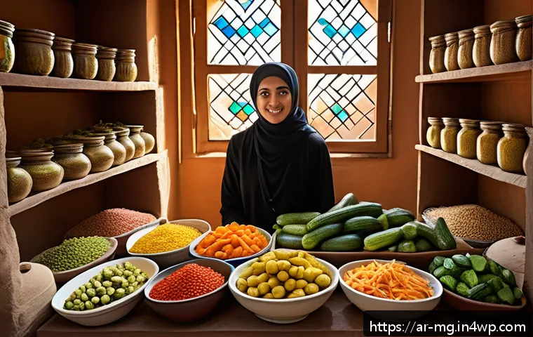음식 역사 속의 전염병과 식습관 변화 - A warm, inviting Middle Eastern kitchen scene during a pandemic, showing a family storing large quan...