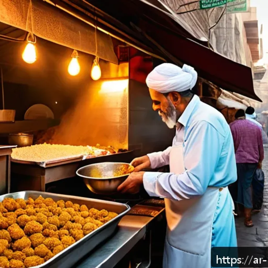 세계 각국의 길거리 음식 역사 - A vibrant Middle Eastern street food market scene at sunset, featuring a traditional falafel vendor ...