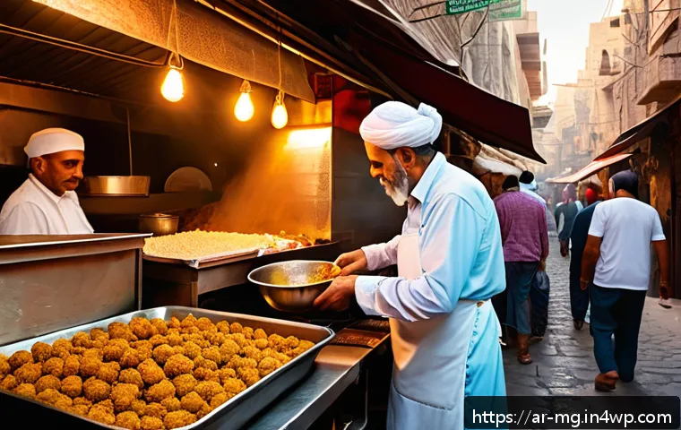 세계 각국의 길거리 음식 역사 - A vibrant Middle Eastern street food market scene at sunset, featuring a traditional falafel vendor ...