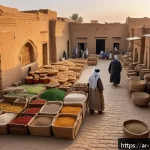음식과 건강 관리의 역사 - A detailed ancient Mesopotamian market scene at dawn, showcasing people dressed in traditional linen...