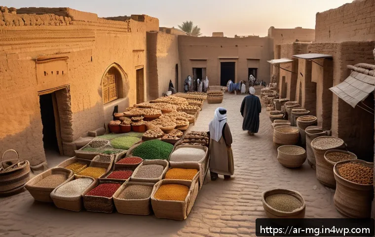 음식과 건강 관리의 역사 - A detailed ancient Mesopotamian market scene at dawn, showcasing people dressed in traditional linen...