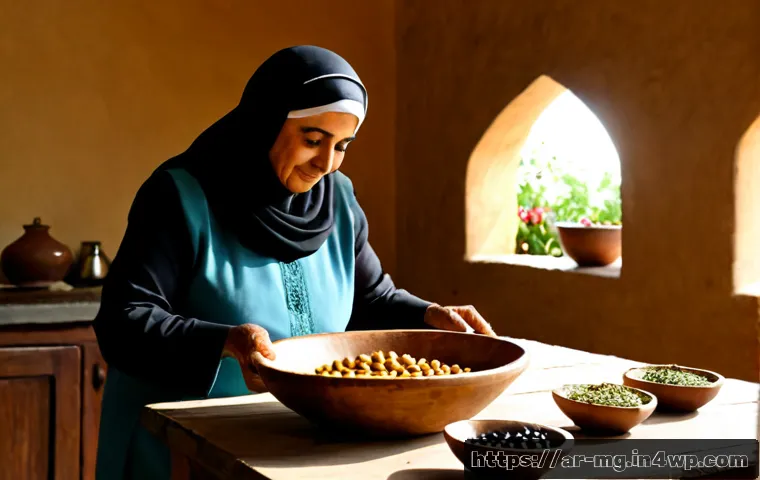 음식 역사 속의 건강과 영양 - Photorealistic historical food and nutrition scene in an Arab household museum kitchen, a wooden tab...