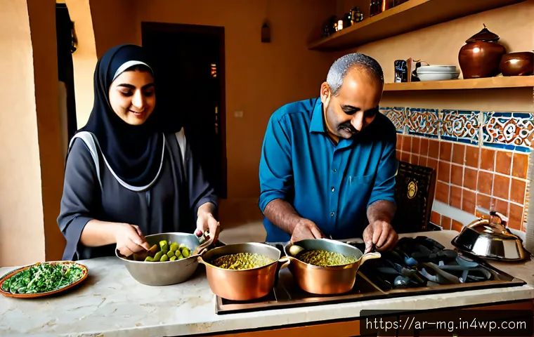 음식 문화와 이민 역사 - Photorealistic family kitchen in a modern Arab home, three generations preparing a shared meal that ...